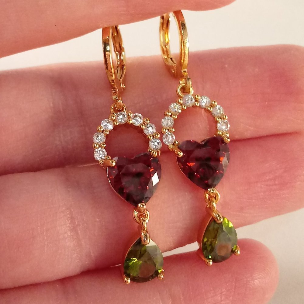 18K Yellow Gold Filled Garnet Red Diamond Zircon Heart Dangle Earrings 1.71ctw